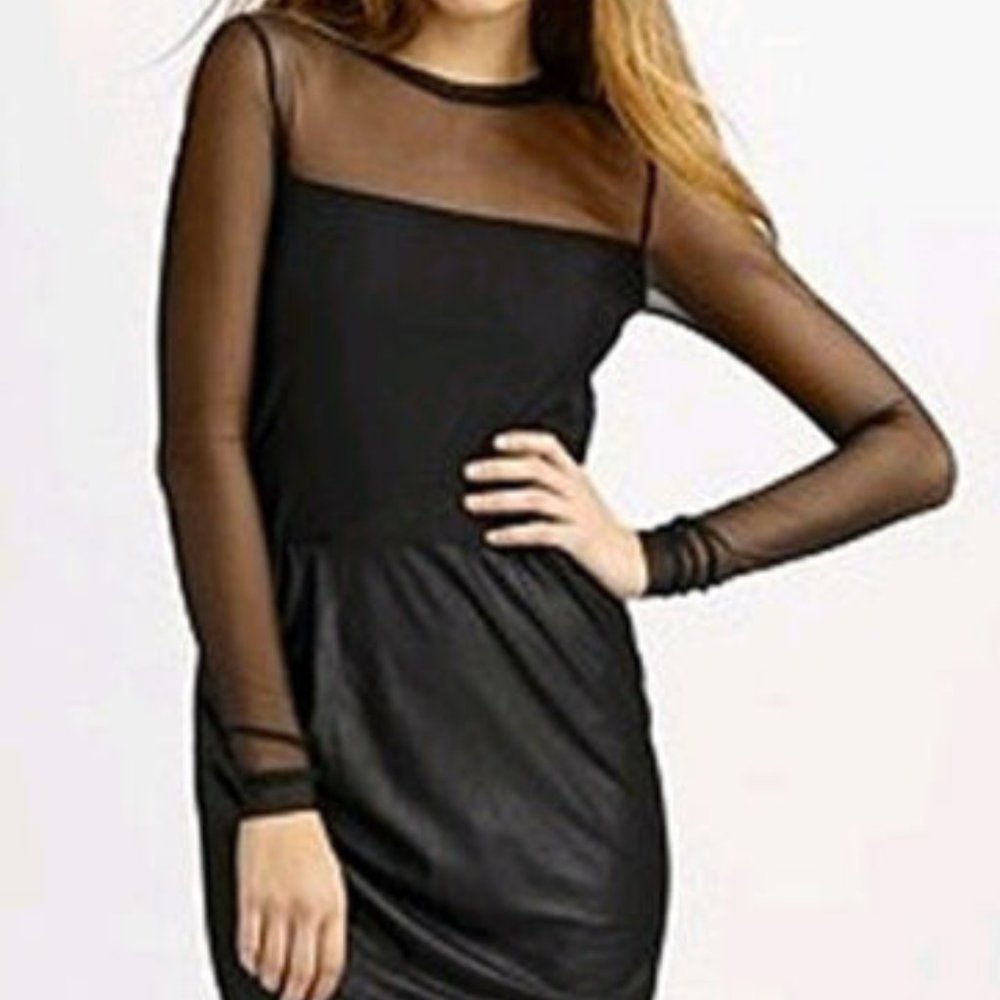 BCBG BLACK SHEER FAUX SUEDE LONG SLEEVE DRESS